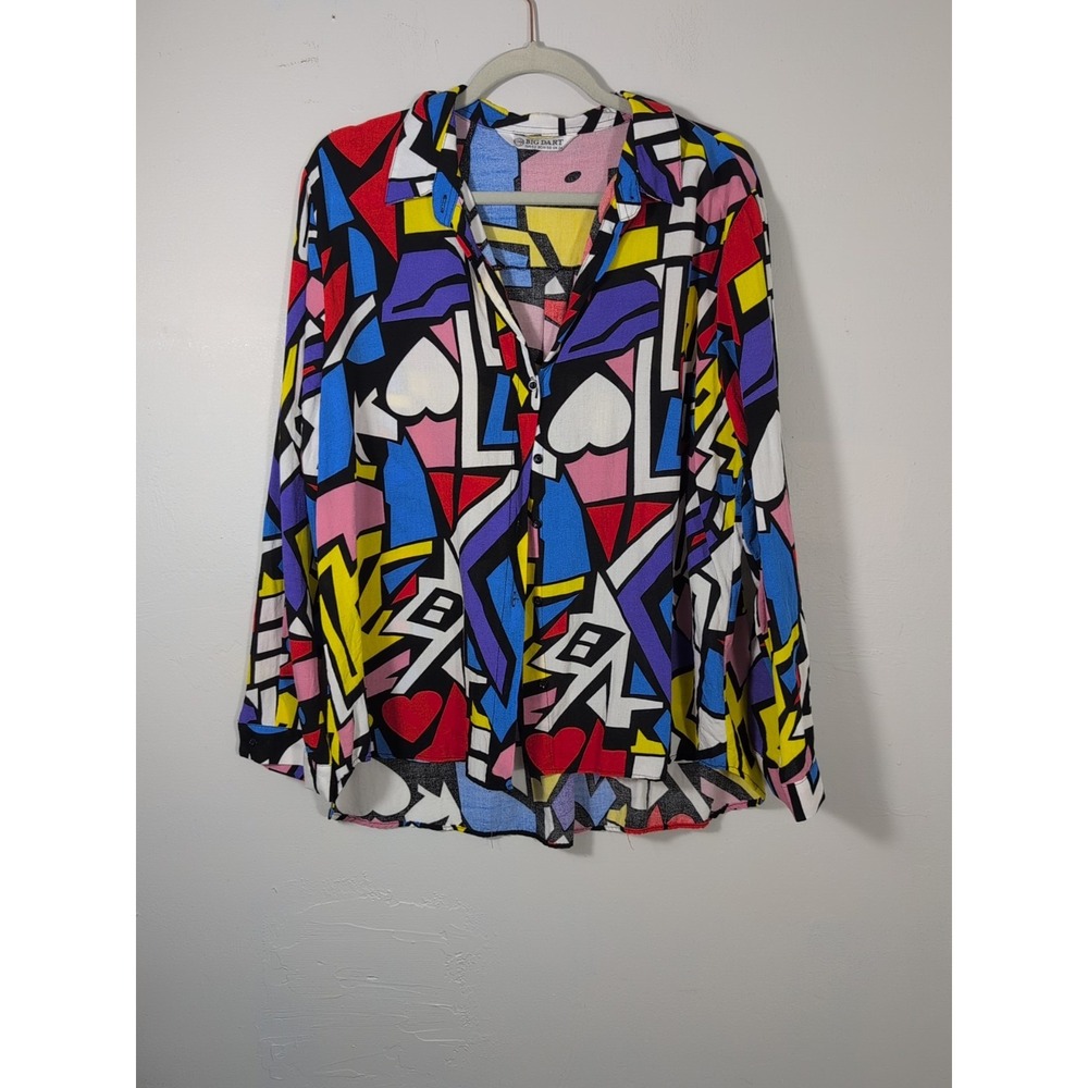 Big Dart Shirt Retro Pop Art 90's Button Up Y2K Geo Print Colorful Hi Lo Med Top